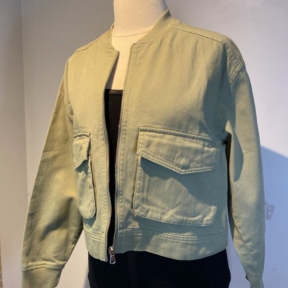 Nicole Miller New York sage green 100% cotton cropped denim zip jacket size M - Picture 7 of 10